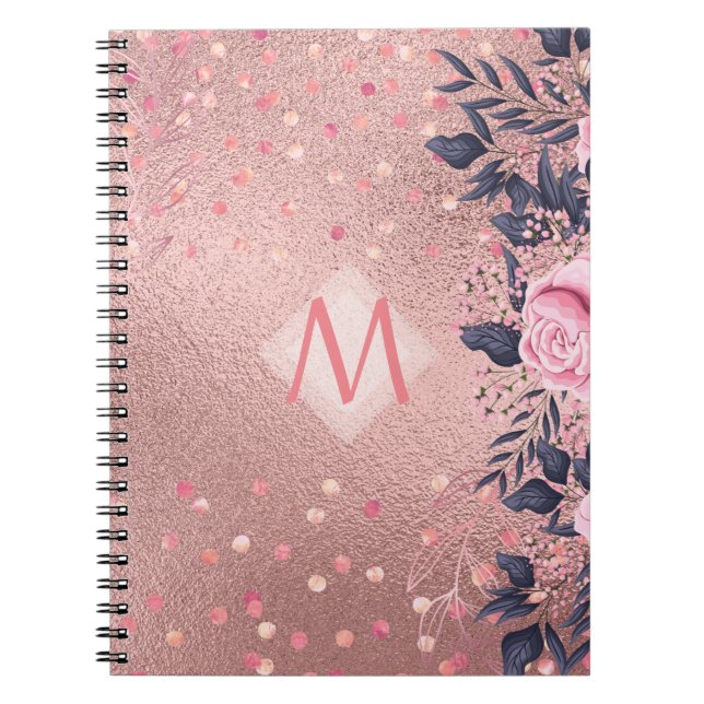 Girliest Ever ROSEGOLD Blue Pink Floral MONOGRAM Notebook (Front)