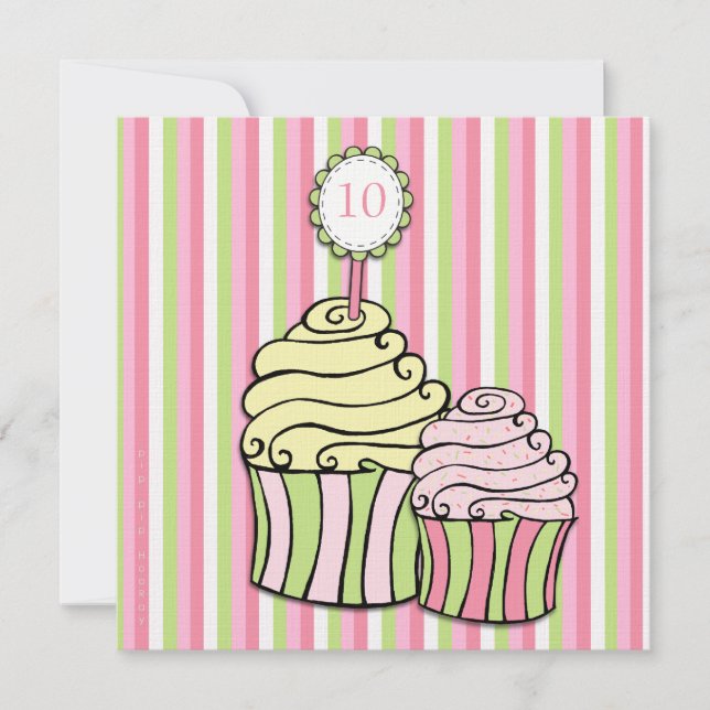 Girls 10th Birthday Cupcake Striped Party Invite (Front)