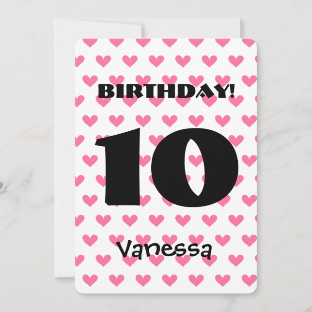 Girl's 10th Birthday Custom Name Modern W09 HEARTS Invitation (Front)