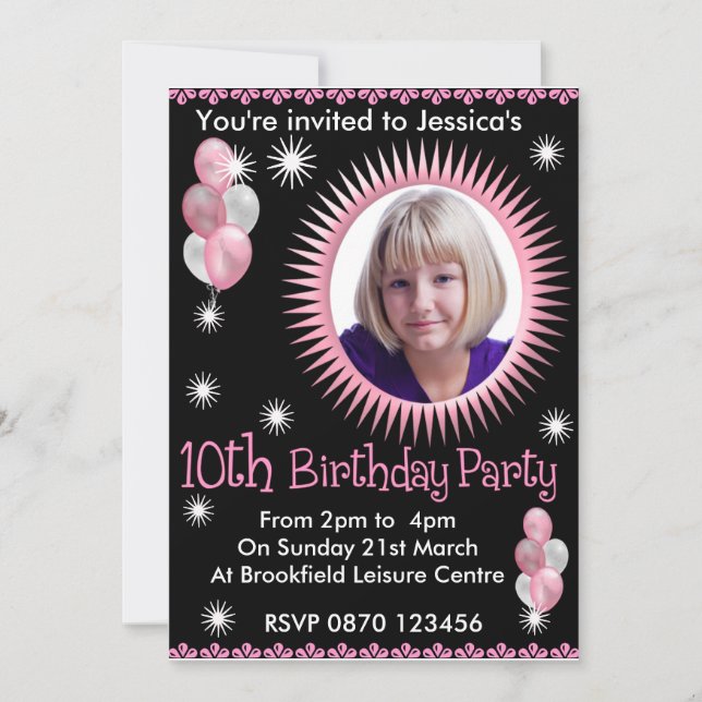 Girls 10th Birthday Photo Invitation (Front)