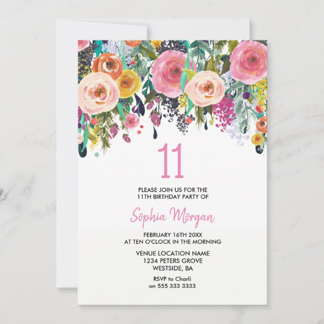 Girls 11th Birthday Party Invite Pink Flowers (Front)