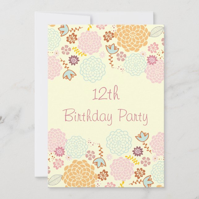 Girl's 12th Birthday Fancy Modern Floral Invitation (Front)