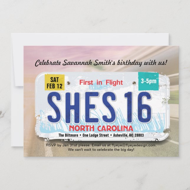 Girl's 16th Bday North Carolina License Invitation (Front)
