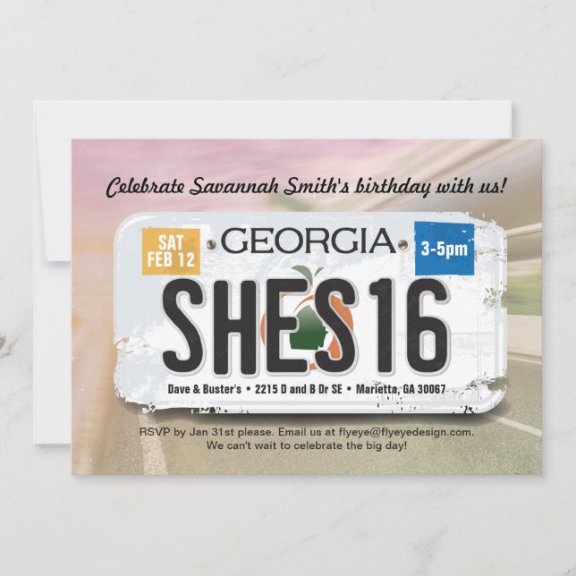 Girl's 16th Birthday Georgia License Invitation (Front)
