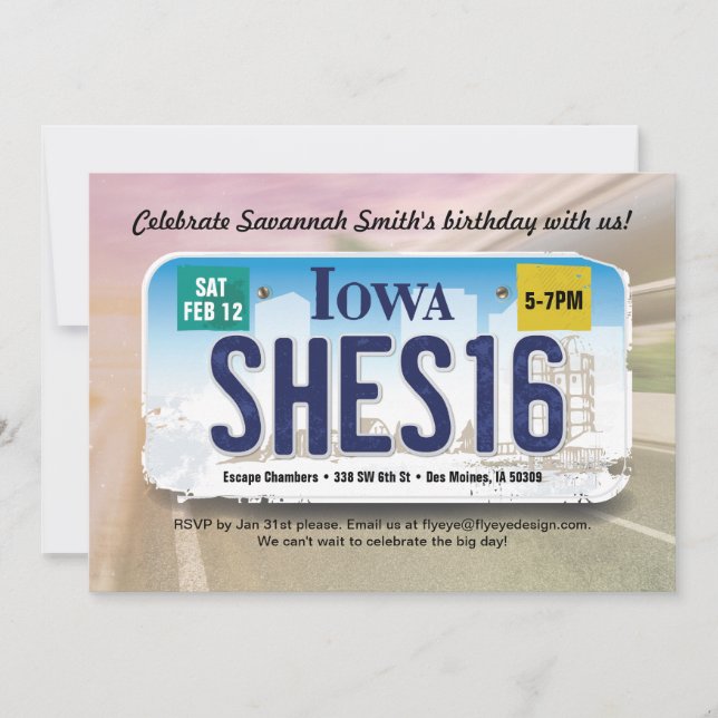 Girl's 16th Birthday Iowa License Invitation (Front)