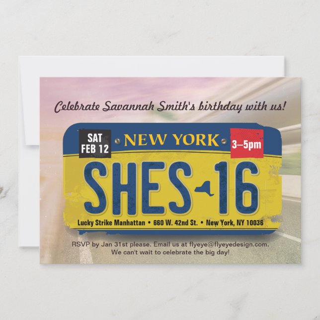 Girl's 16th Birthday New York License Invitation (Front)