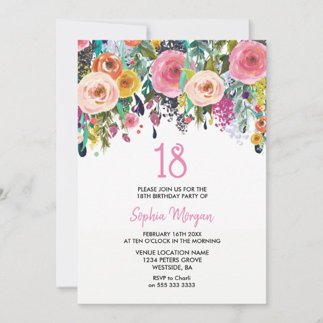 Girls 18th Birthday Party Invite Pink Flowers (Front)