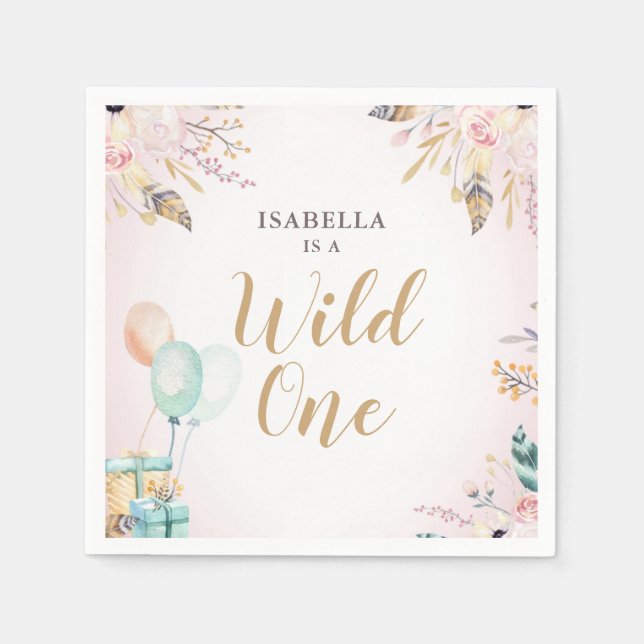 Girl's 1st Birthday Boho Flowers Wild One Napkin (Front)