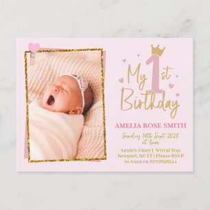Girls 1st birthday invitation, glitter invitation postcard