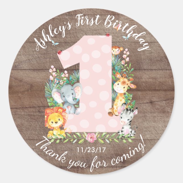 Girls 1st Birthday Jungle Animals Favour Sticker (Front)