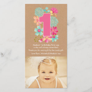 Girls 1st Birthday Number 1 Thank You Photo Card