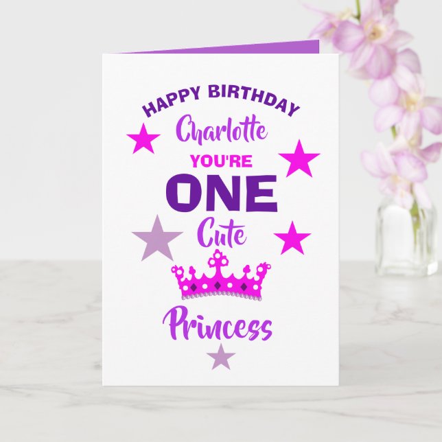 Girls 1st Birthday One Cute Princess Personalized Card (Orchid)