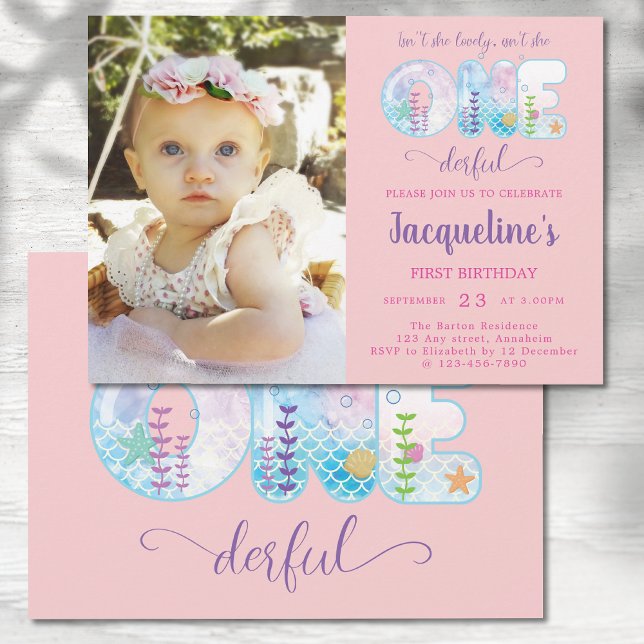 Girls 1st Birthday ONEderful Pretty Pink Invitation (Pretty pink baby 1st birthday party invitation. Cute ONEderful under the sea with photo.)