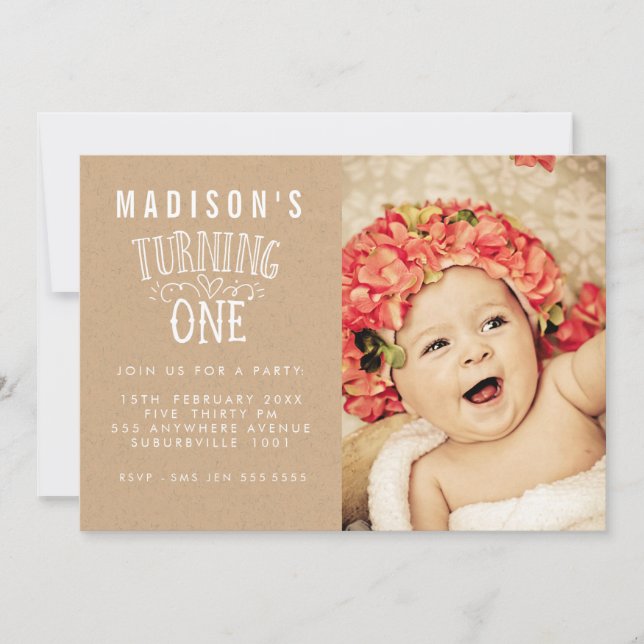 Girls 1st Birthday Personalized Number Photo Invitation (Front)