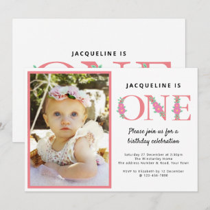 Girls 1st Birthday Photo Invitation
