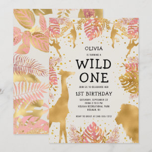 Girls 1st Birthday Pink Ecru Safari Invitation