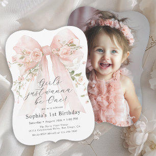 Girl's 1st Birthday Pink Floral Bow and Photo Invitation