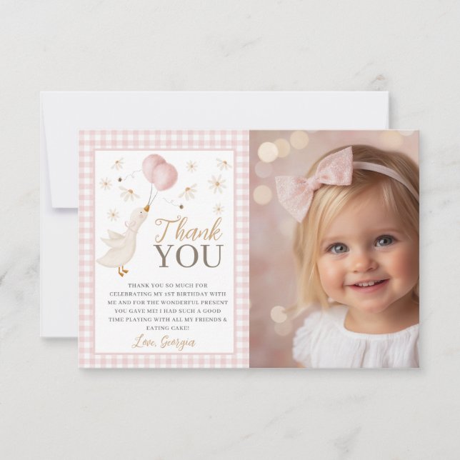 Girls 1st Birthday Silly Goose Pink Photo Thank You Card (Front)