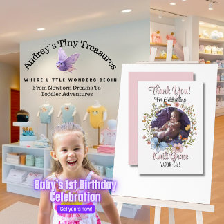 Girl's 1st Birthday Spring Butterfly Thank You Card