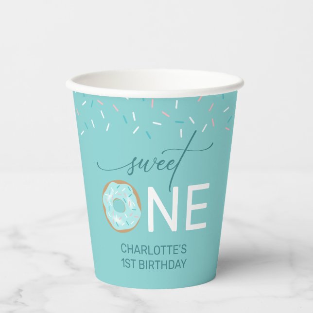 Girl's 1st Birthday Sweet One Teal Doughnut Paper Cups (Front)