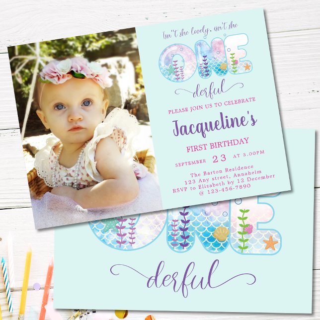 Girls 1st Birthday Under The Sea Pretty Invitation (Girls 1st Birthday pale blue aquamarine birthday invite. Miss ONEderful under the sea with photo.)
