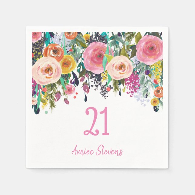 Girls 21st Birthday Party Pink Flower Peach Napkin (Front)