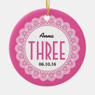 Girl's 3rd Birthday Memento Pink with Lace B03 Ceramic Ornament