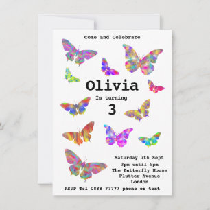 Girls 3rd Birthday Party Colorful Butterflies Art