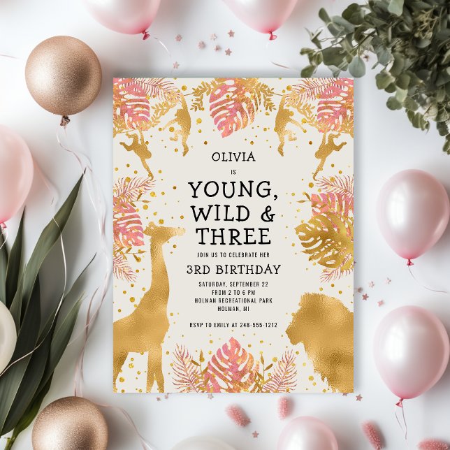 Girls 3rd Birthday Party Pink Gold Ecru Safari Postcard (Creator Uploaded)