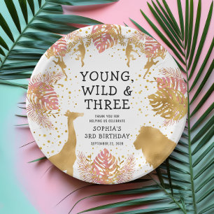 Girls 3rd Birthday Party Pink Gold Safari Paper Plate