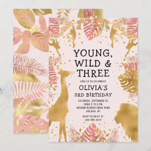 Girls 3rd Birthday Pastel Pink Gold Safari Invitation