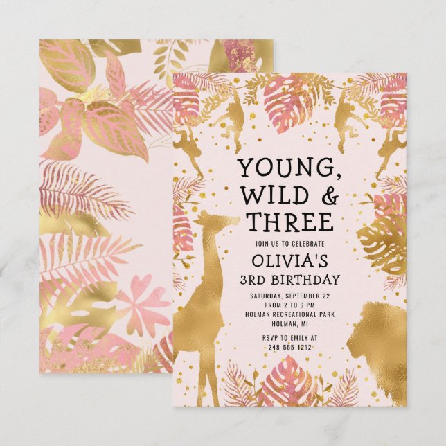 Girls 3rd Birthday Pastel Pink Gold Safari Invitation (Front/Back)