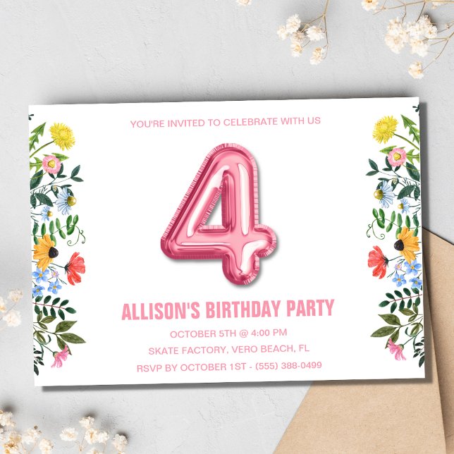Girls 4th Balloon Birthday Party Invitation (Girls 4th Balloon Birthday Party Invitation)