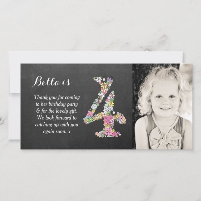 Girls 4th Birthday Floral Thank You Photo Card (Front)