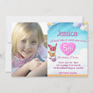 Girls 5th Birthday Party Photo Invite Butterflies