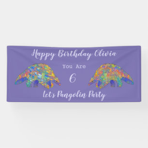 Girls 6th Birthday Party Colorful Pangolin Purple Banner