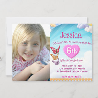 Girls 6th Birthday Party Photo Invite Butterflies