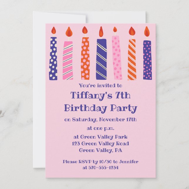 Girl's 7th Birthday 7 Pink, Purple Candles Party Invitation (Front)
