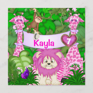 Girls 7TH BIRTHDAY Jungle Invitation with Monkeys