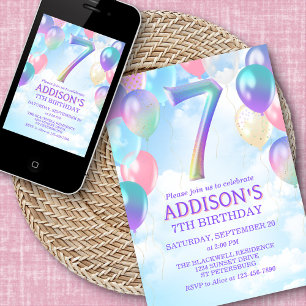Girls 7th Birthday Rainbow Balloons Invitation