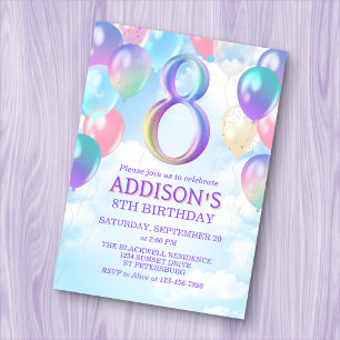 Girls 8th Birthday Rainbow Balloons Invitation