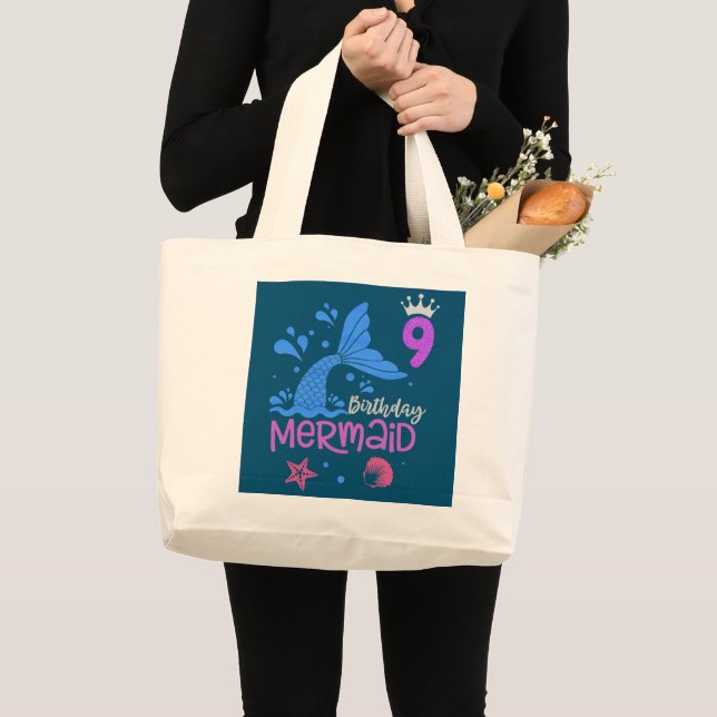 Girls 9th Birthday Mermaid Is 9 Years Old Gift  Large Tote Bag (Front (Product))