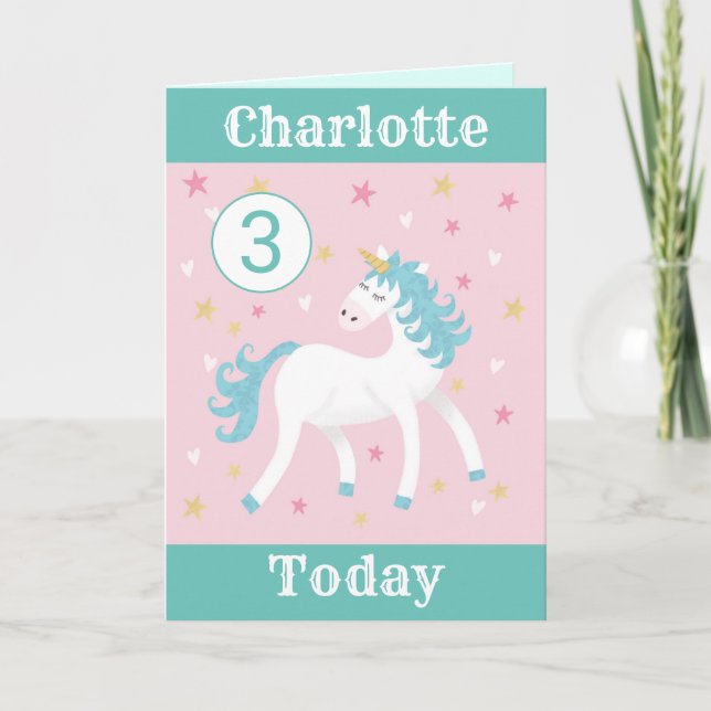 Girls age 3 unicorn birthday card (Front)