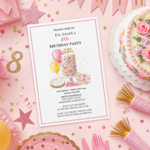 Girls Age 8 Floral Birthday Cake & Balloons  Invitation