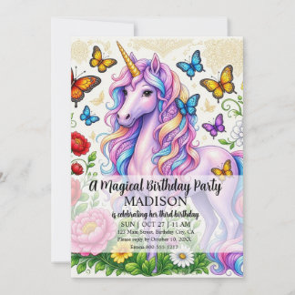 Girls Ages 1 - 8 | Unicorn Birthday Party Invitation