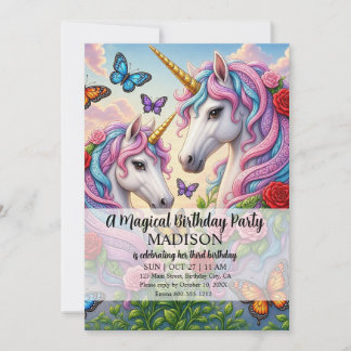 Girls Ages 1 - 8 | Unicorn Birthday Party Invitation