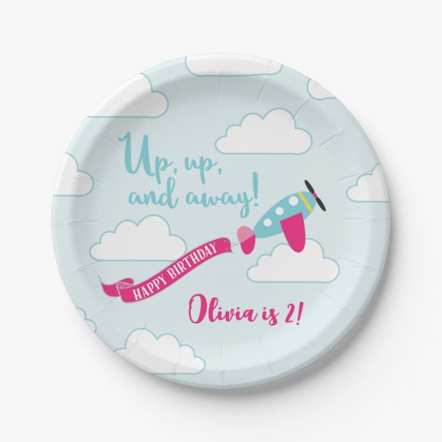Girls Airplane Birthday Party Plate (Front)