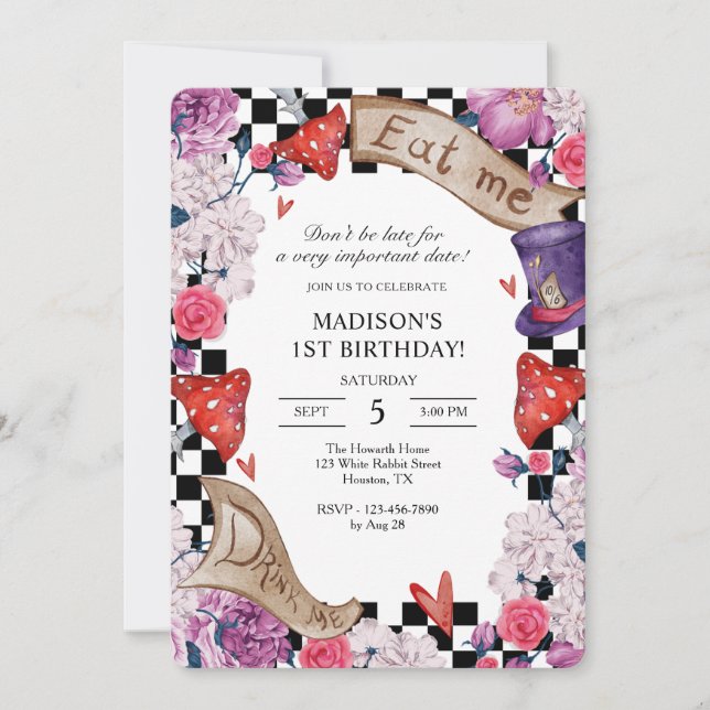 Girl's Alice In Wonderland Birthday Party  Invitation (Front)