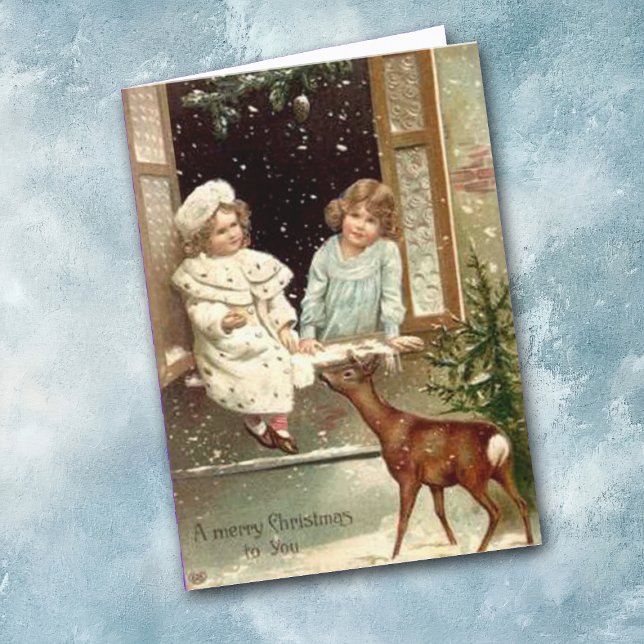 Girls and Deer Vintage Christmas Card (Creator Uploaded)