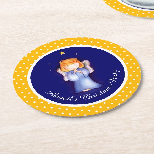 Girls angel personalized Christmas paper coasters (Angled)